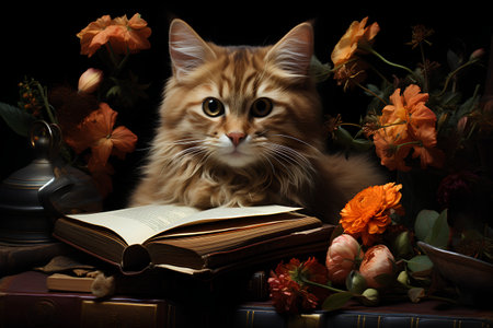 Red Maine Coon kitten with books and flowers on a black background.の素材
