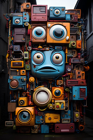 3d rendering of a group of colorful funny monsters in the cityの素材