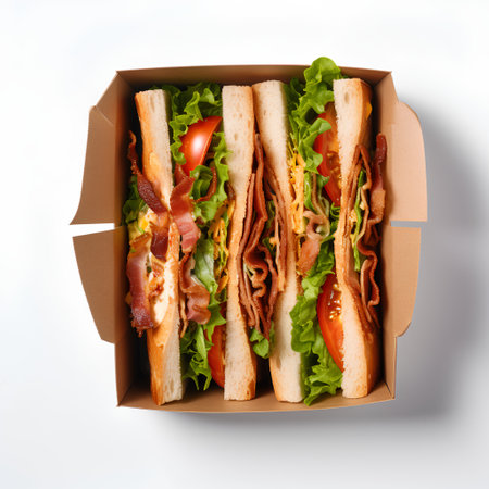 Sandwich with ham, cheese, tomatoes and lettuce in cardboard box isolated on white backgroundの素材