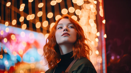 Portrait of a beautiful red-haired girl in a green coat on a background of lights.の素材