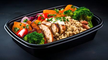 Healthy lunch box with quinoa, chicken and vegetables on black backgroundの素材
