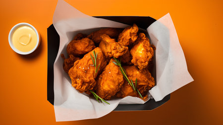 Fried chicken wings in paper box on orange background. Top view.の素材