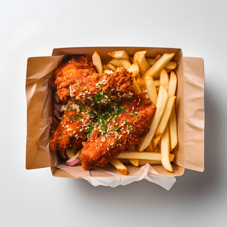 Fried chicken wings with french fries in paper box on white backgroundの素材