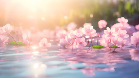 Pink cyclamen flowers on the water surface with sunlight. Spring nature background.の素材