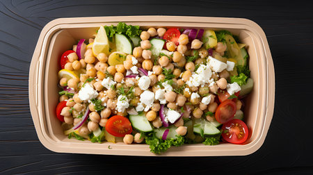 Healthy salad with chickpeas, tomatoes, cucumbers, lettuce and feta cheese in a cardboard box on a dark wooden background, top viewの素材