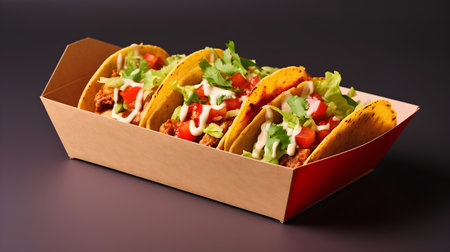 Tacos with meat and vegetables in cardboard box on dark backgroundの素材