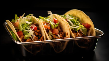 Tacos with meat and vegetables on a black background. Mexican food.の素材