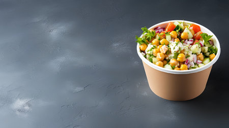 Vegetable salad with chickpeas, tomatoes, cucumbers, onion and parsley in a paper cup on a dark backgroundの素材