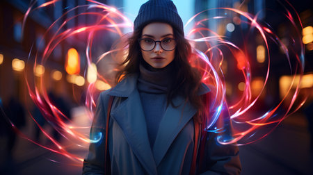 Portrait of a beautiful young woman in glasses and a blue coat on the background of the night city.の素材