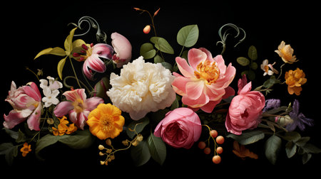 Beautiful vector floral composition with peonies, roses, tulips and other flowersの素材