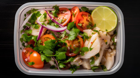 Fish salad with tomatoes, cucumbers, onions and parsley in a plastic container on a dark wooden backgroundの素材