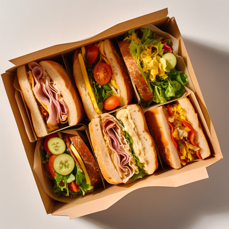 Top view of delicious sandwiches in cardboard box on white background. Fast food conceptの素材