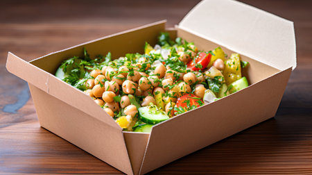 Healthy vegetarian salad with beans, tomato, cucumber and lettuce in cardboard boxの素材