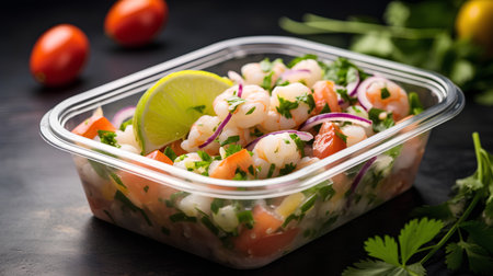 Seafood salad with shrimps, tomatoes, onion and parsley on black backgroundの素材