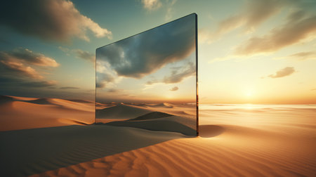 3d render of glass door in the desert with beautiful sky backgroundの素材