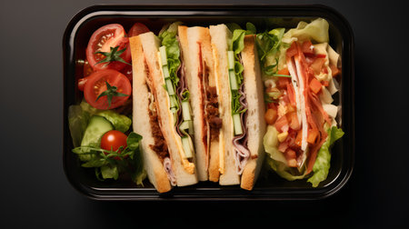 Healthy sandwich with ham, cheese, tomato and lettuce in plastic box on black backgroundの素材