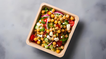 Healthy vegetarian salad with chickpeas, tomatoes, cucumbers and feta cheese in a cardboard box on a gray background, top viewの素材
