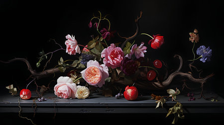 Still life with peonies, tulips and branches on a black backgroundの素材