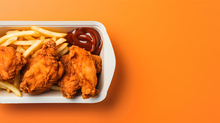 Fried chicken wings with french fries and ketchup on orange backgroundの素材