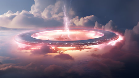 Futuristic space station in the sky. 3D rendering.の素材