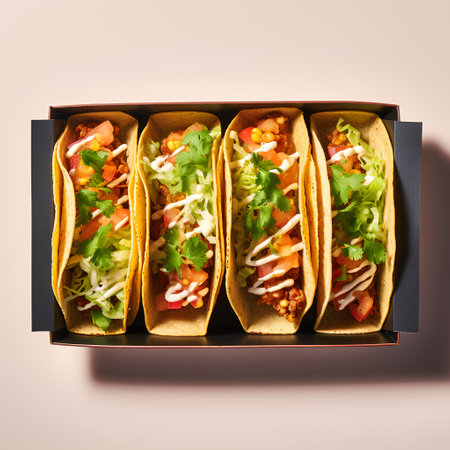Mexican tacos in a box on a pink background, top viewの素材