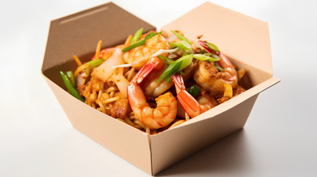 Fried noodles with shrimps and vegetables in a cardboard boxの素材