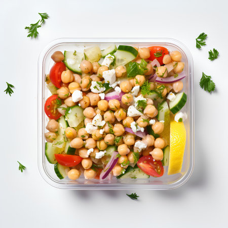 Vegetable salad with chickpeas, cucumber, tomato, onion and feta cheese in plastic containerの素材