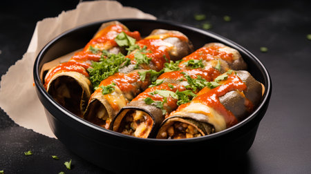 Stuffed cabbage rolls with meat, cheese and vegetables on black backgroundの素材