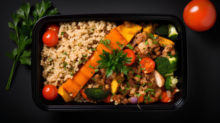 Healthy lunch box with couscous and vegetables on black backgroundの素材