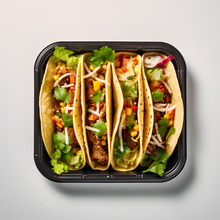 Tacos with meat and vegetables in take away container isolated on white backgroundの素材
