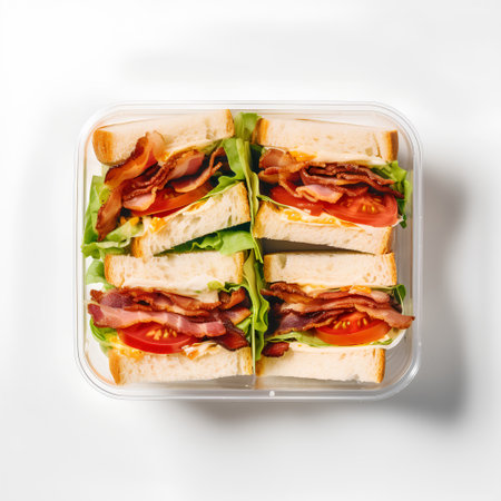 Tasty sandwiches with bacon and vegetables in plastic box on white background, top viewの素材
