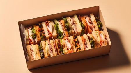 Variety of sandwiches in a cardboard box on a beige backgroundの素材