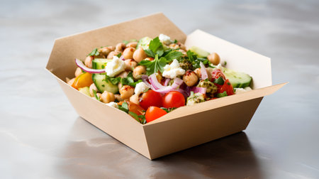 Healthy vegetarian salad with chickpeas, tomato, cucumber, onion and feta cheese in cardboard boxle backgroundの素材