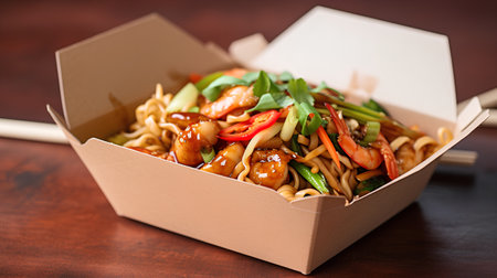 Take-out noodles with shrimps and vegetables in a cardboard boxの素材