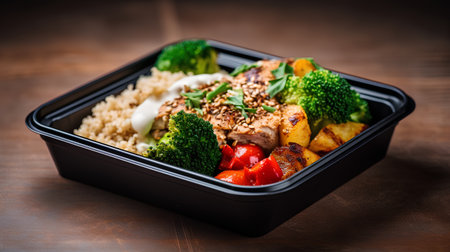 Buddha bowl with quinoa, chicken and vegetables on wooden backgroundの素材