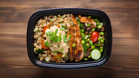 Buddha bowl with couscous, chicken fillet and vegetables in plastic box on wooden backgroundの素材