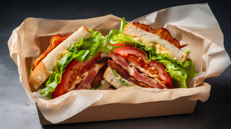 Sandwich with bacon, cheese, lettuce and tomato on a dark backgroundの素材