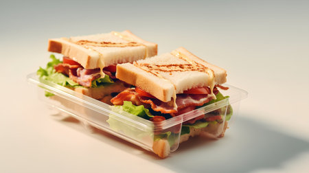 Sandwiches with ham and cheese in plastic box on white backgroundの素材