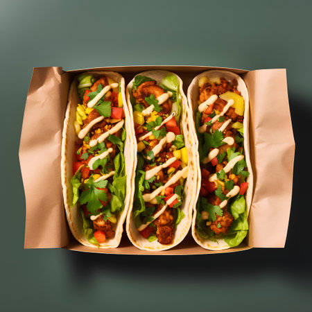 Tacos with meat and vegetables in paper box on dark backgroundの素材