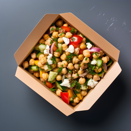 Vegetarian salad with chickpeas, tomato, cucumber, pepper, onion and feta cheese in a cardboard box on a dark background, top viewの素材