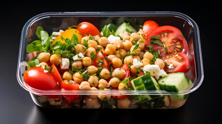 Healthy salad with chickpeas, tomatoes, cucumbers and feta cheese in plastic container on black backgroundの素材
