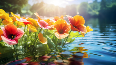 Colorful tulips in the pond with sunbeams and lens flareの素材