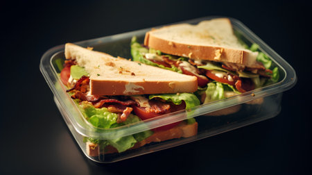 Sandwich with bacon and vegetables in a plastic container on a black backgroundの素材