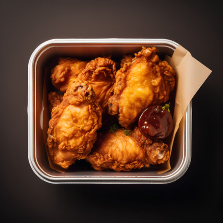 Fried chicken with sauce in a box on a black background.の素材