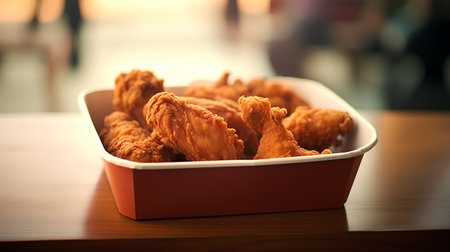 Fried chicken in a box on a wooden table. Toned.の素材