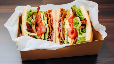 Sandwiches with bacon and vegetables in a cardboard box on a wooden tableの素材