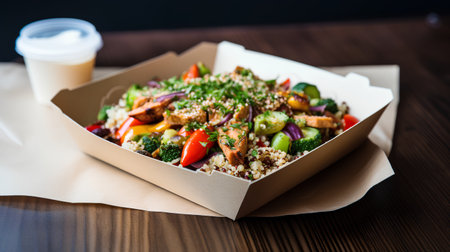 Tabbouleh salad with quinoa and vegetables in take away boxの素材
