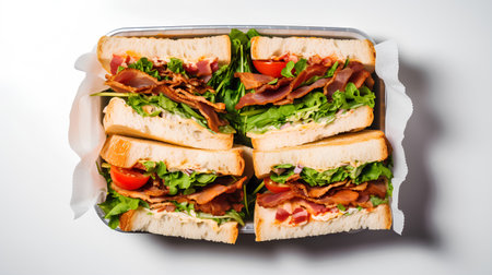 Tasty sandwich with bacon, arugula and tomato on white backgroundの素材