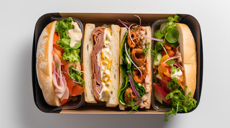 Sandwiches with ham, cheese and vegetables in a plastic box isolated on white backgroundの素材
