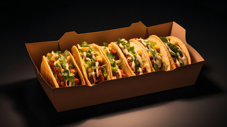 Tacos in a cardboard box on a dark background. Toned.の素材